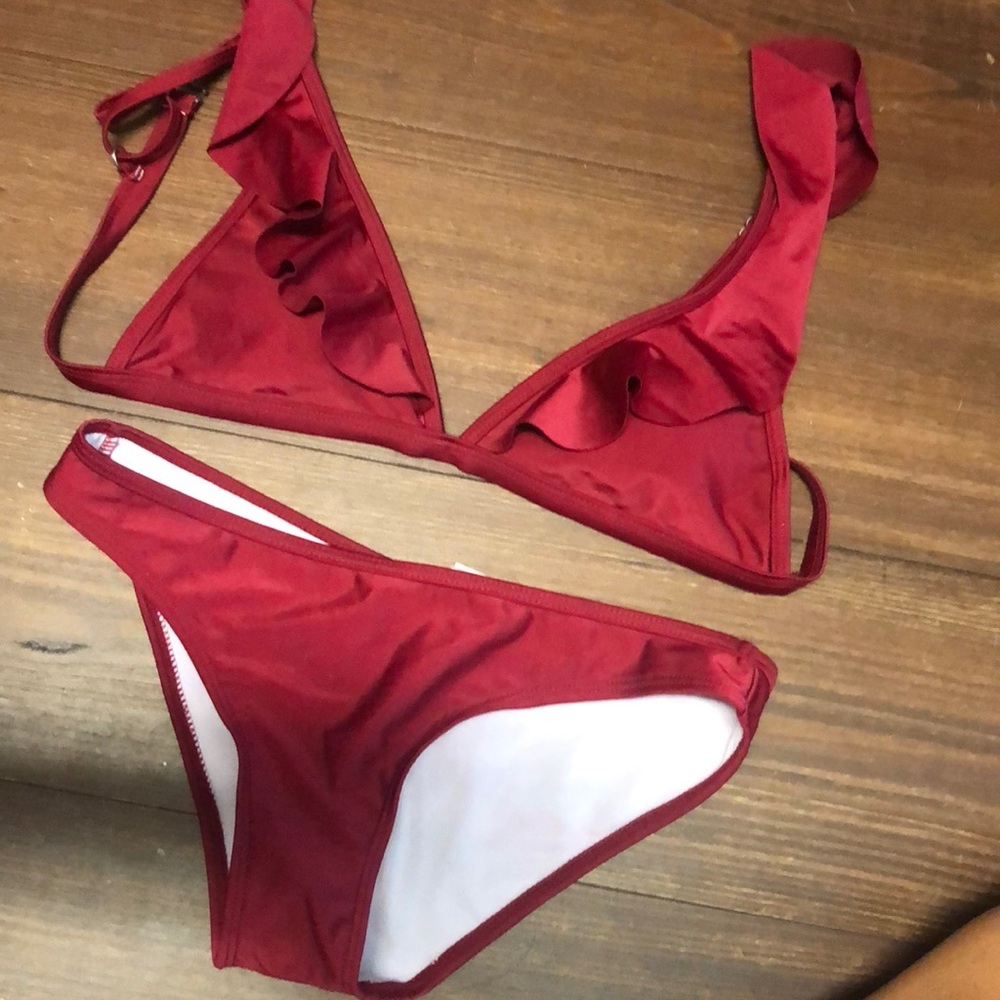 Red Deep-V Ruffled Triangle-Cup, Low Rise Bikinis
